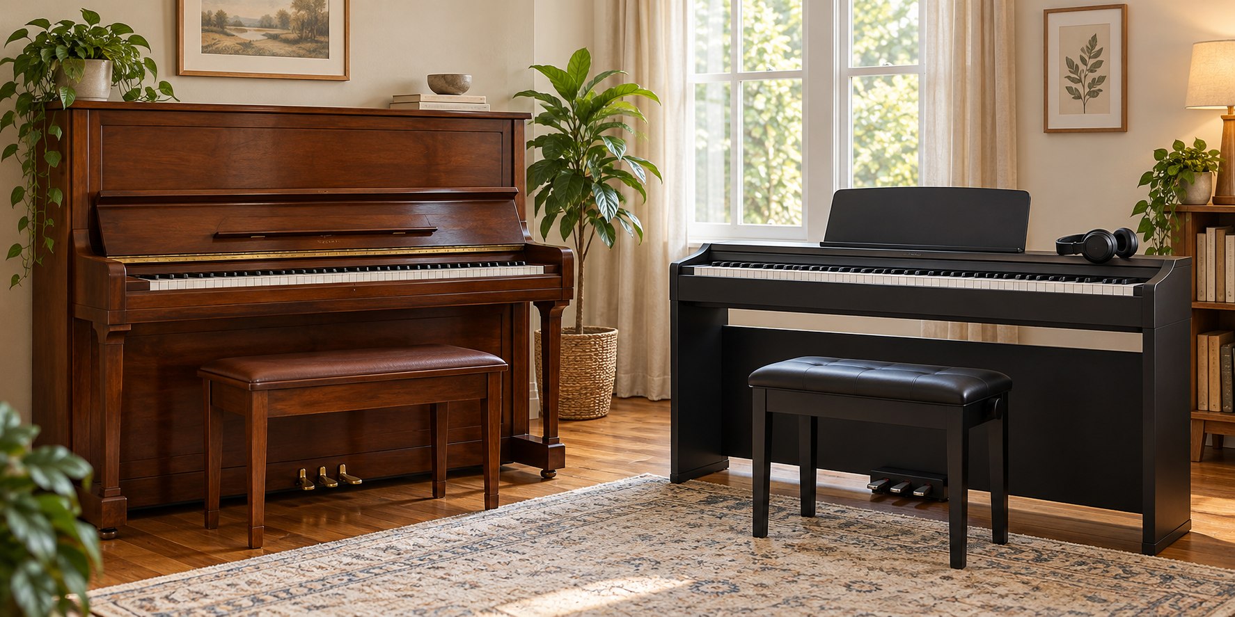 Digital piano beside an acoustic upright piano